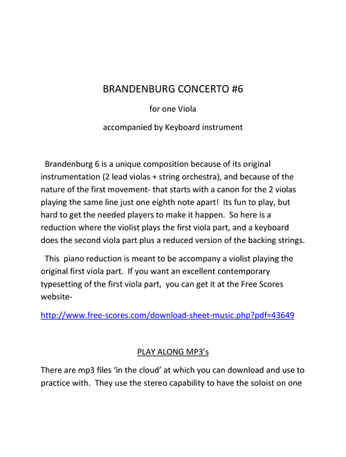 BRANDENBURG CONCERTO #6 Reduction for one Viola accompanied by Keyboard (Arr. Steve Newman) - J.S. Bach (Instrumental Duet and Piano)