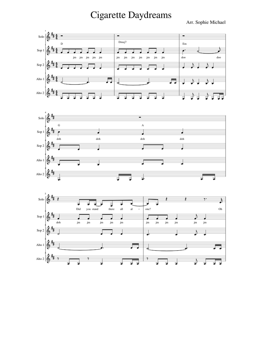 Cigarette Daydreams Sheet Music with Chords for Piano (Mixed Quintet)