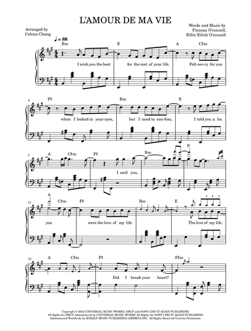L'amour De Ma Vie (Arr. Celena Chang) - Billie Eilish (Piano Solo)