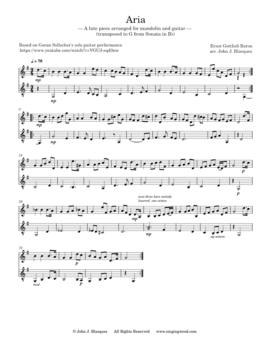 Aria - Sonata in Bb – Ernst Gottlieb Baron Aria - Sonata in Bb (in G) -  Ernst Gottlieb Baron Sheet music for Guitar, Mandolin (Mixed Duet) |  Musescore.com