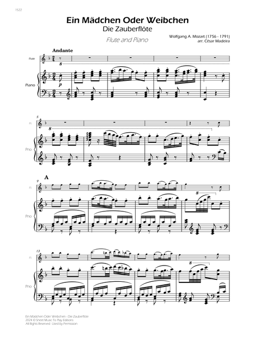 Ein Mädchen Oder Weibchen - Flute and Piano (Full Score) (Arr. César Madeira) - Wolfgang Amadeus Mozart (Flute and Piano)