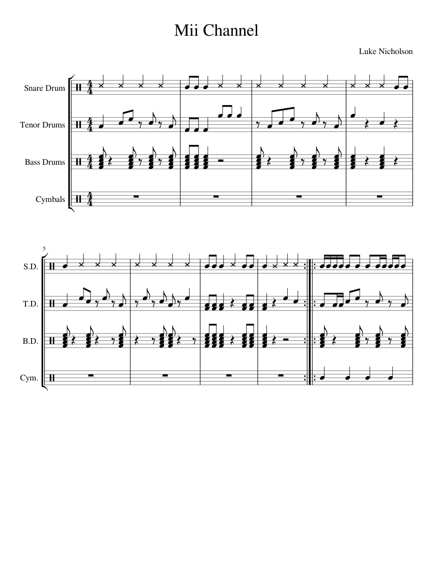 Mii Channel Sheet music for Snare drum, Crash, Tenor drum, Bass drum ...