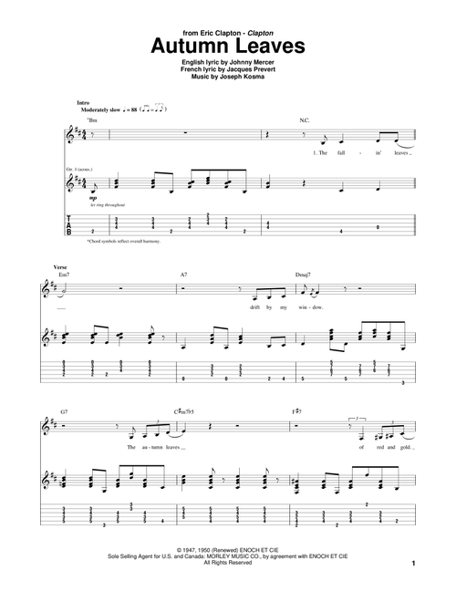 Autumn Leaves - Eric Clapton, Roger Williams, Mitch Miller (Guitar Tab)