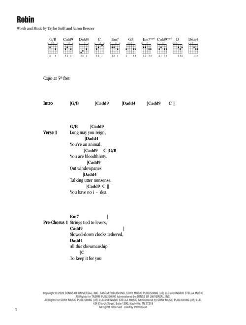 Robin - Taylor Swift (Guitar Chords-Lyrics)
