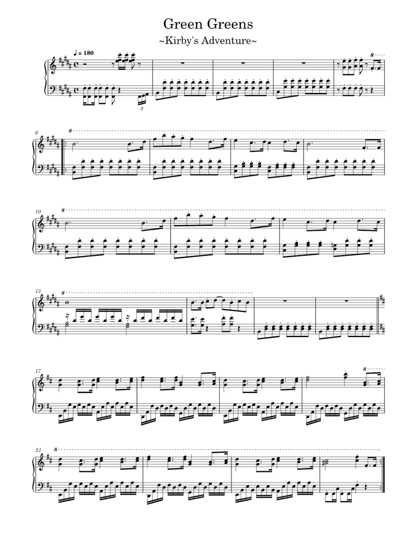 Green Greens - Kirby's Adventure Sheet Music for Piano (Solo