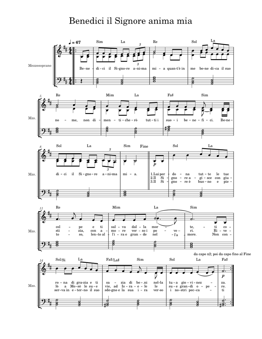 Benedici Il Signore Anima Mia Frisina Testo Benedici il Signore, anima mia Sheet music for Mezzo soprano (Church