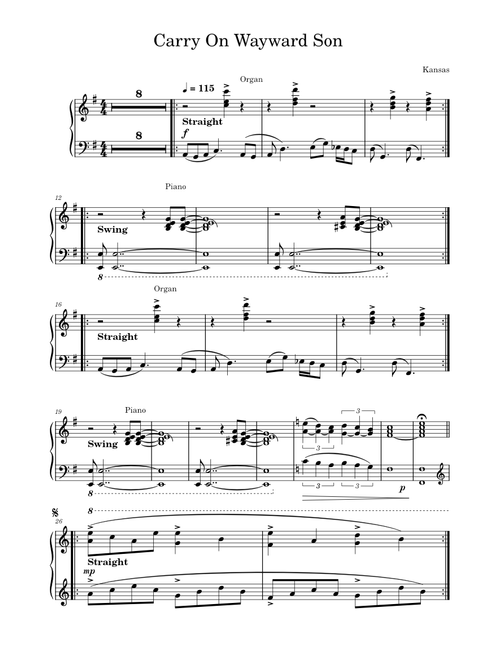 Carry On My Wayward Son – Kansas Carry On Wayward Son - Piano and Organ Part