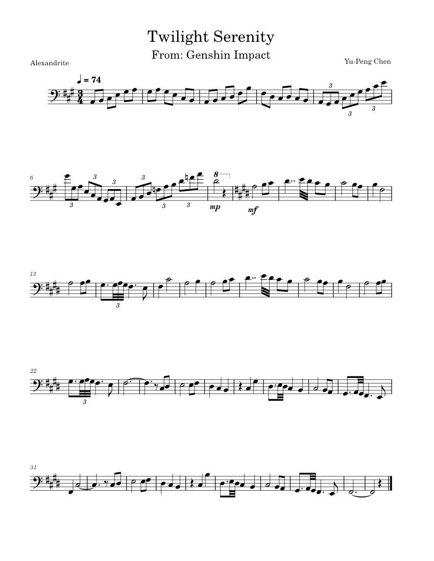 Twilight Serenity – Yu-Peng Chen (Genshin Impact) Sheet Music for