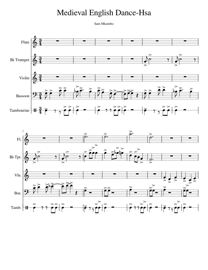 Medieval English Dance Hsa Sheet music for Tambourine Flute Bassoon Trumpet in b flat more instruments Mixed Quintet Musescore