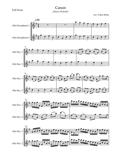 Canon - Johann Pachelbel (Wedding/Reduced Version) for Alto Saxophone Duo (Arr. Fabio Britto) (Alto Saxophone Duet)