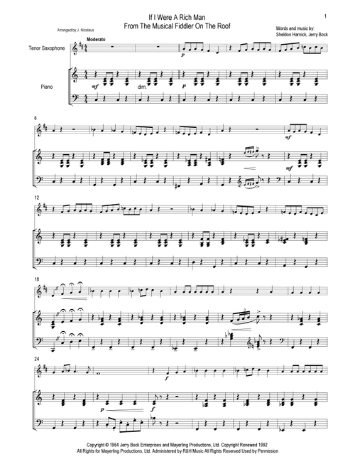 If I Were A Rich Man (Arr. John Nicolaus) - Hines Hines & Dad (Tenor Sax and Piano)