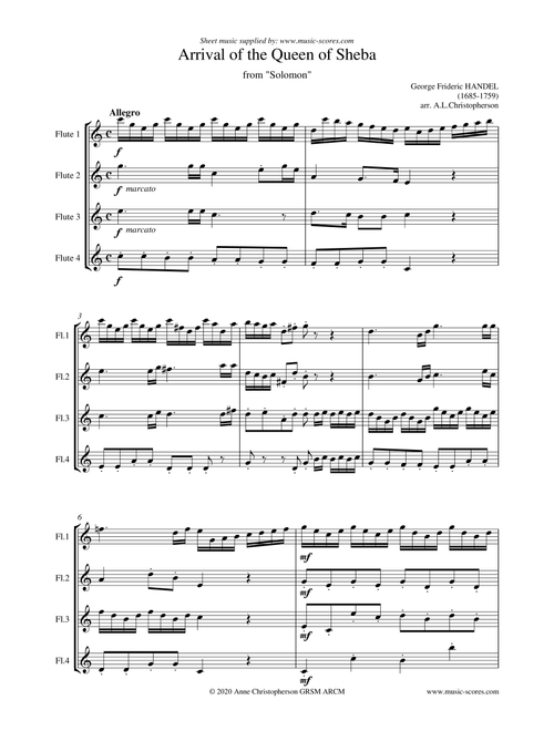 Handel: Arrival of the Queen of Sheba - Flute Quartet (Arr. Anne L Christopherson GRSM ARCM) - GEORGE, Frideric (Woodwind Ensemble)