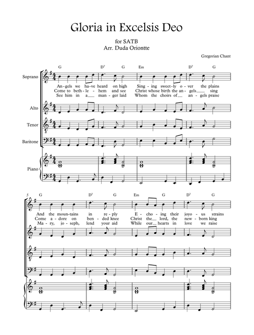 Gloria in excelsis Deo (G major - with chords - with piano - 4 staff) (Arr. Duda Oriontte) - Gregorian Chant (Choral, SATB)