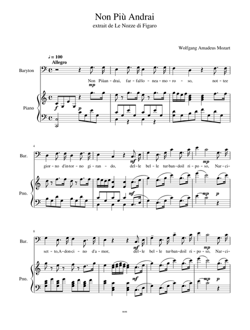 Non Più Andrai de Mozart version pour Baryton et Piano avec les paroles