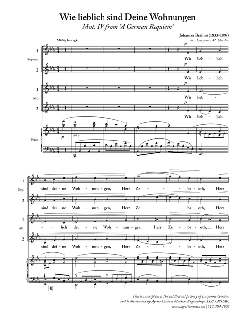 Wie Lieblich sind Deine Wohnungen (from "A German Requiem") for Women's Chorus (Arr. Lucyanne Georger Gordon) - Johannes Brahms (Choral, SSA)