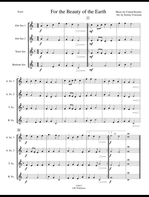 For the Beauty of the Earth for Saxophone Quartet (Arr. Jeremy Corcoran) - Conrad Kocher (Woodwind Ensemble)