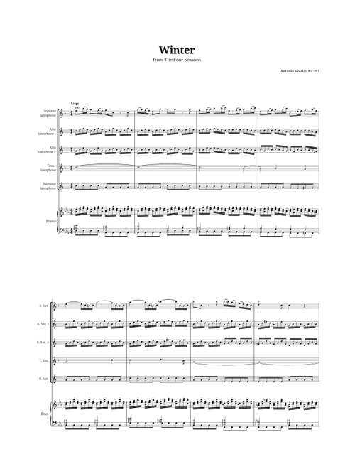 Largo from Winter by Vivaldi for Sax Quintet and Piano (Arr. Langanho) - Antonio Vivaldi (Woodwind Ensemble)