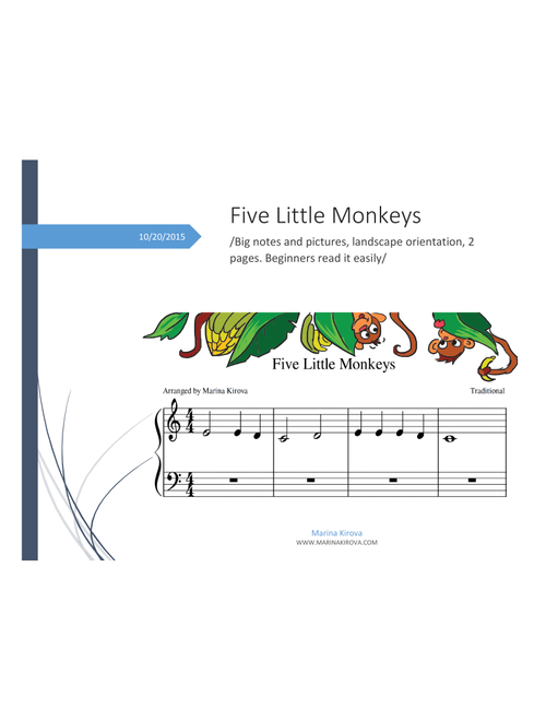 Five Little Monkeys /Nursery rhymes piano sheet for beginners , Big notes and pictures, landscape or (Arr. Marina Kirova) - Traditional (Piano Solo)