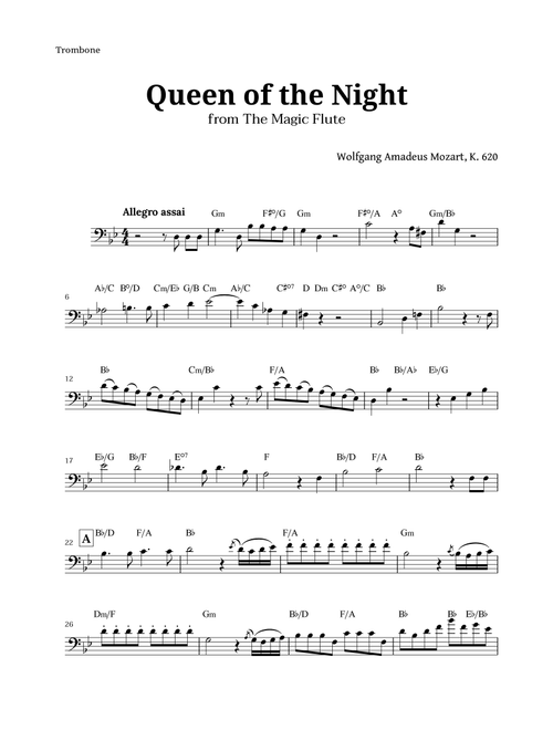 Queen of the Night by Mozart for Trombone with Chords (Arr. Langanho) (Trombone Solo)