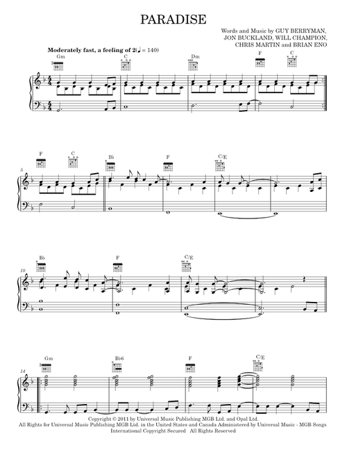 Paradise - Coldplay (Piano-Vocal-Guitar)
