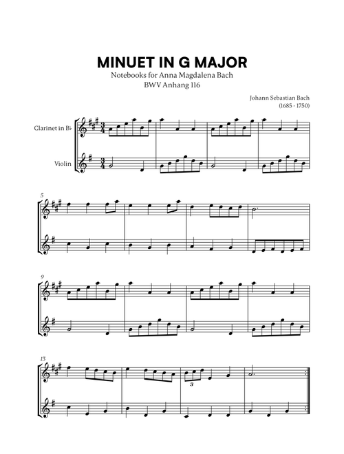 Johann Sebastian Bach - Minuet in G Major (BWV Anh. 116) (for Clarinet and Violin) (Arr. Cadenza Editions) (Instrumental Duet)