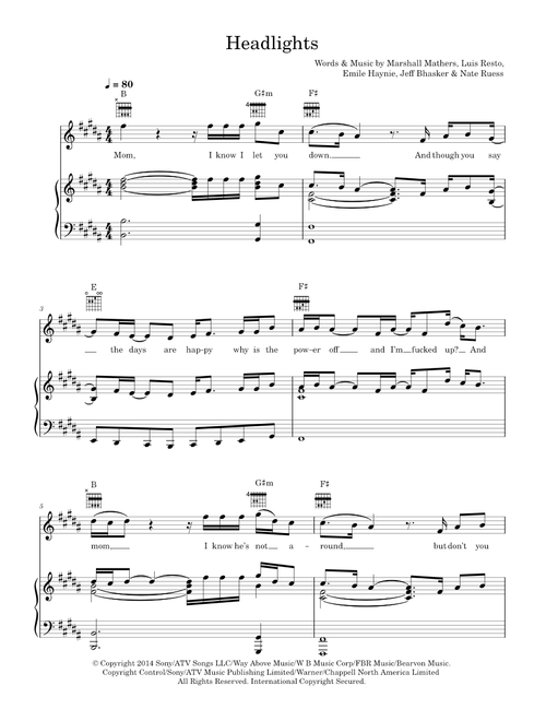 Headlights (featuring Nate Ruess) - Eminem, Nate Ruess (Piano-Vocal-Guitar (Piano Accompaniment))