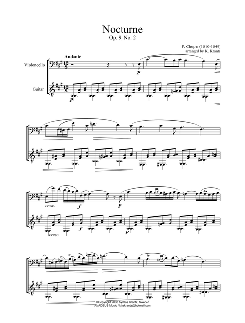 Nocturne Op. 9 No. 2 for cello and guitar (abridged) (Arr. K. Krantz) - F. Chopin (Instrumental Duet)