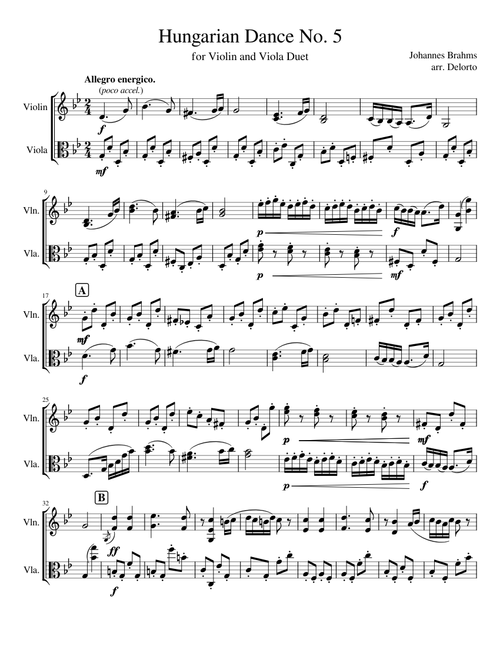 Hungarian Dance No. 5 for Violin and Viola Duet