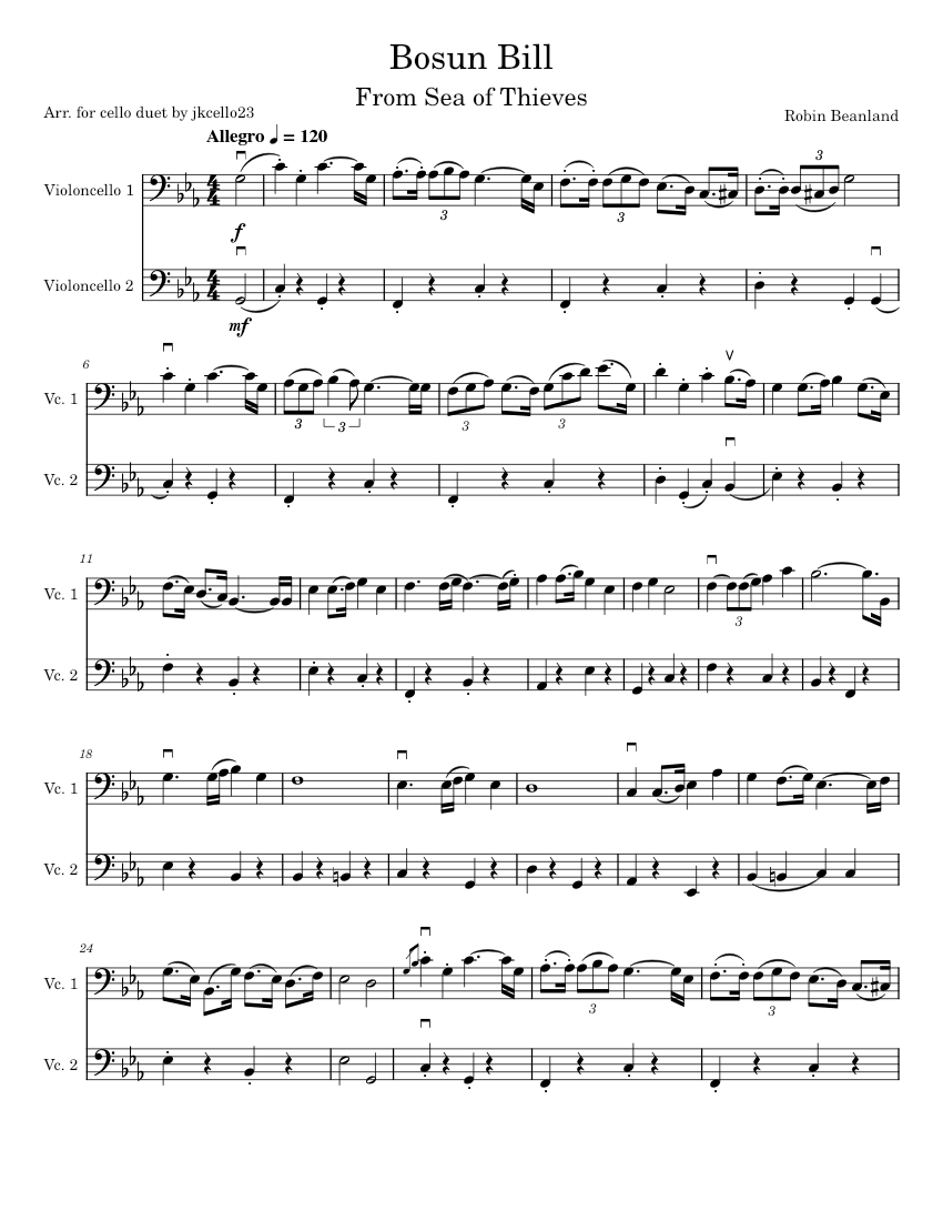Sea of Thieves Bosun Bill Robin Beanland Sheet music for Cello
