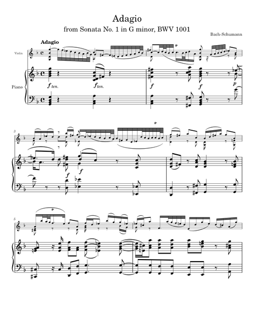Adagio from Sonata No. 1 BWV 1001 by Bach-Schumann for Violin and Piano