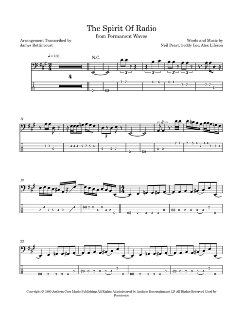 The Spirit Of Radio (Arr. James Bettincourt) - Rush (Bass Tab)