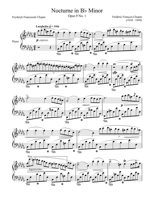Nocturne Opus 9 No. 1 in Bb Minor (Arr. Zachary Corbett) - Frederic Chopin (Piano Solo)