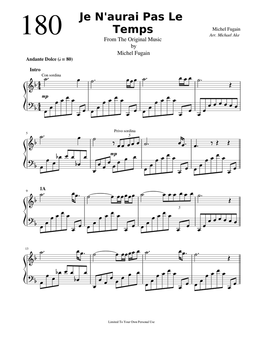 Je N'aurais Pas Le Temps Michel Fugain Sheet music for Piano (Solo) Je N'aurais Pas Le Temps Michel Fugain Sheet music for Piano (Solo)