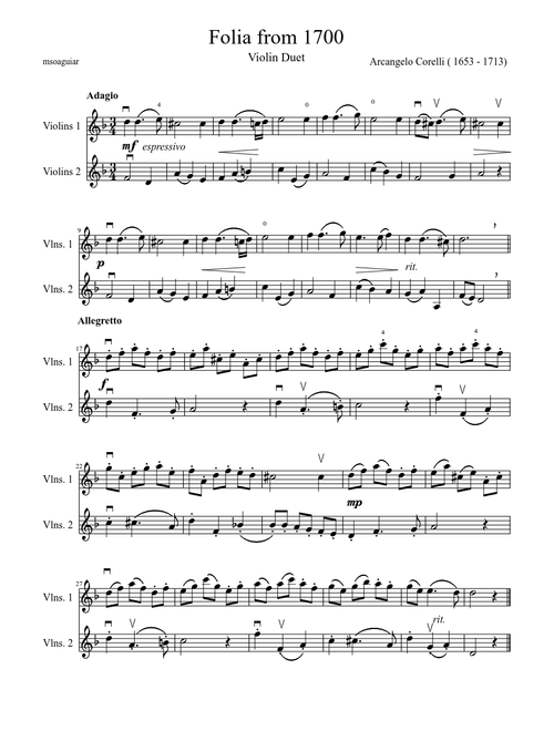 Folia by Arcangelo Corelli - 1700 (violin duet)