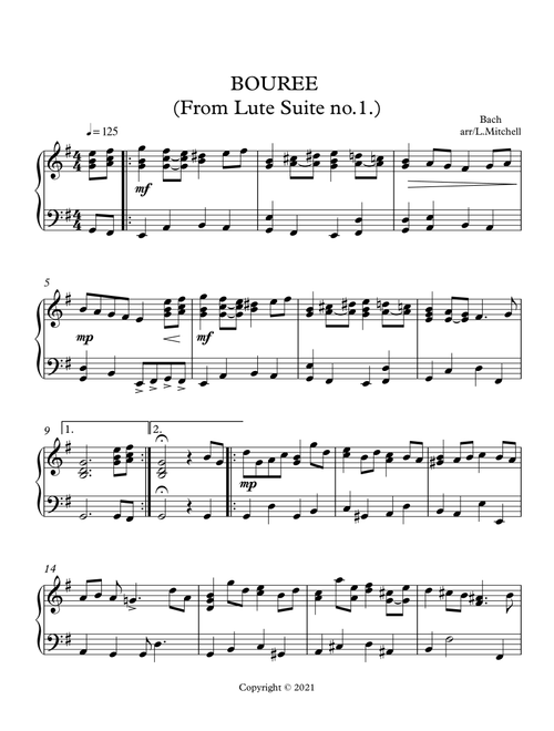 BOUREE (Arr. Lee Mitchell) - Bach (Easy Piano)