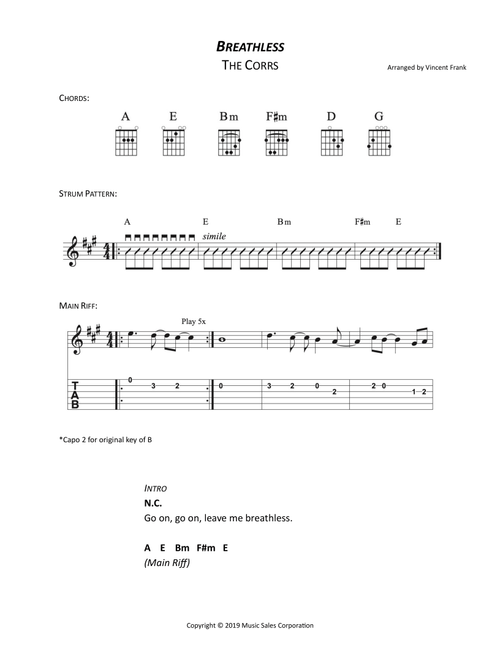 Breathless (Arr. Vincent Frank) - The Corrs (Guitar Chords-Lyrics)