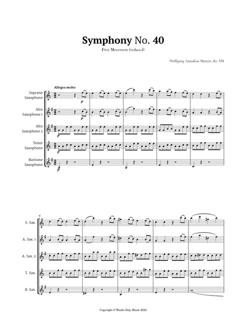 Symphony No. 40 by Mozart for Sax Quintet (Arr. Ander) (Woodwind Ensemble)