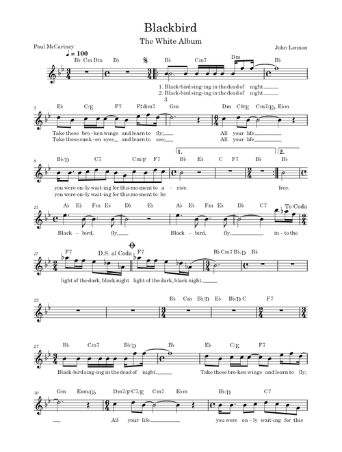 Blackbird – The Beatles Blackbird (Transposed to B♭)