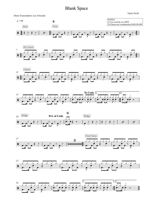 Blank Space (Arr. Drum Transcription: Leo Alvarado) - Taylor Swift (Drums)