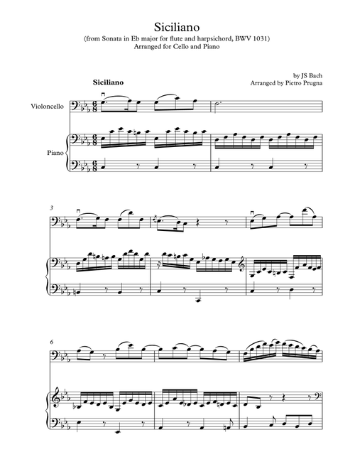 Siciliano (from Sonata in Eb major for flute and harpsichord) BWV 1031 - arr for cello and piano (Arr. Pietro Prugna) - JS Bach (Cello and Piano)