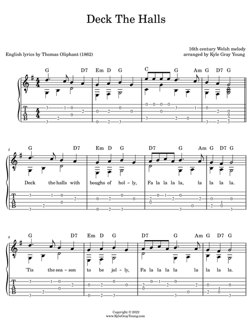 Deck The Halls (easy fingerstyle guitar tablature) (Arr. Kyle Gray Young) (Easy Guitar with TAB)