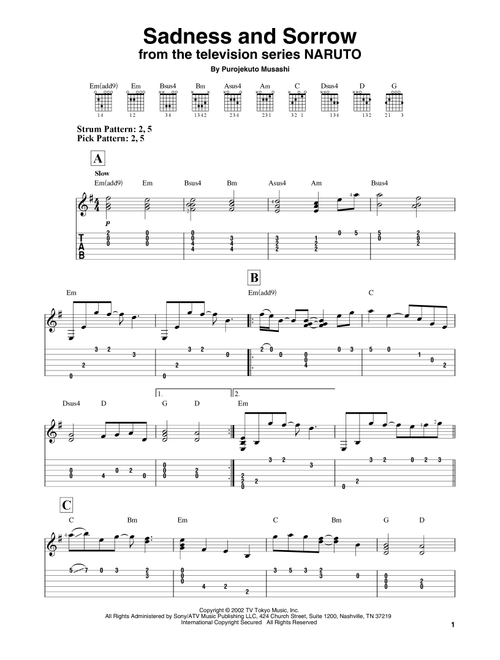 Sadness And Sorrow (from Naruto) - Purojekuto Musashi (Easy Guitar with TAB)