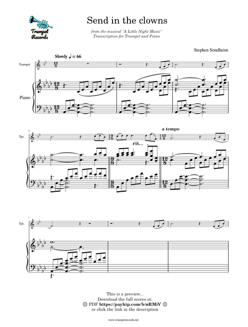 Send In the Clowns for Trumpet and Piano (in the style of Maurice Andre) PDF SCORES