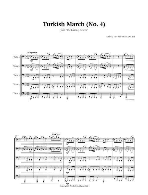 Turkish March by Beethoven for Tuba Quintet (Arr. Ander) (Brass Ensemble)