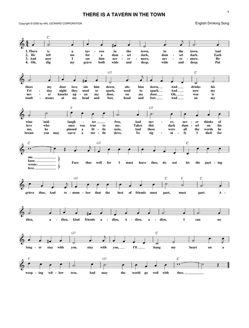 There Is A Tavern In The Town - Traditional Drinking Song (Lead Sheet - Fake Book)
