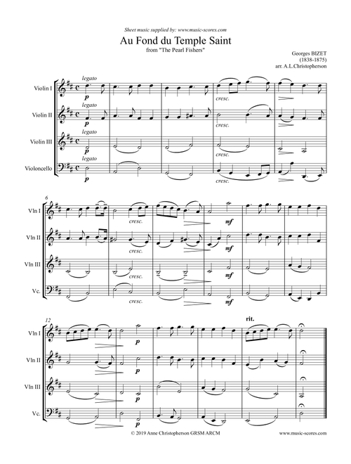 Au Fond du Temple Saint: theme only, from The Pearl Fishers: 3 Violins, Cello (Arr. Anne L Christopherson GRSM ARCM) - Bizet, Georges (Small Ensemble)