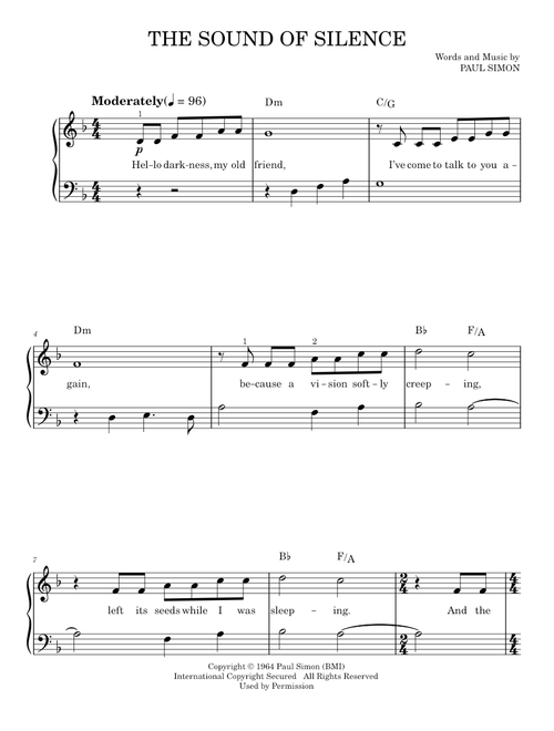 The Sound Of Silence - Paul Simon, Simon & Garfunkel (Easy Piano)