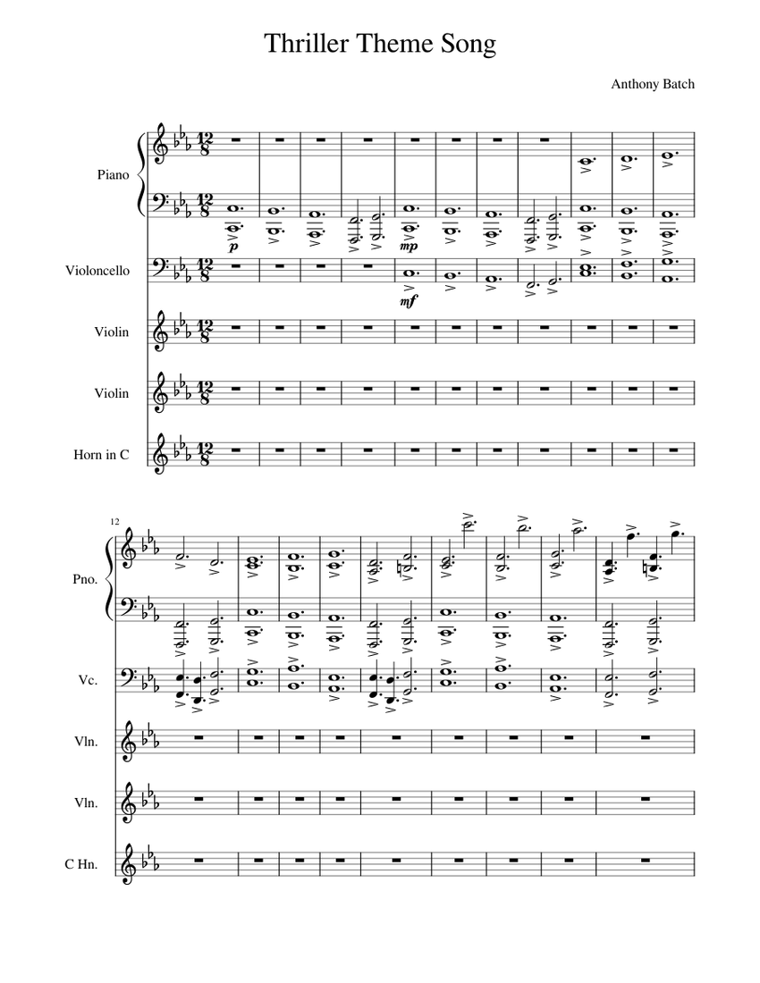Thriller Theme Song Sheet music for Piano, Violin, Cello, Natural horn