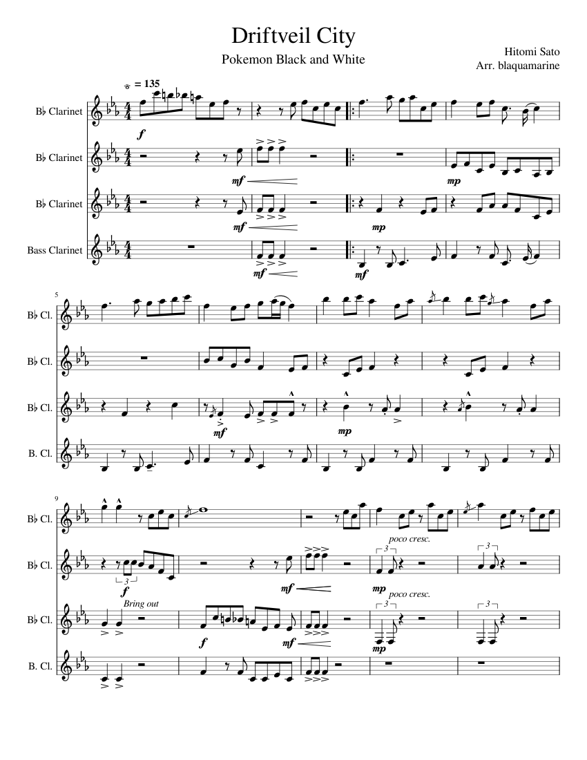 Driftveil City Clarinet Quartet Sheet Music for Clarinet in