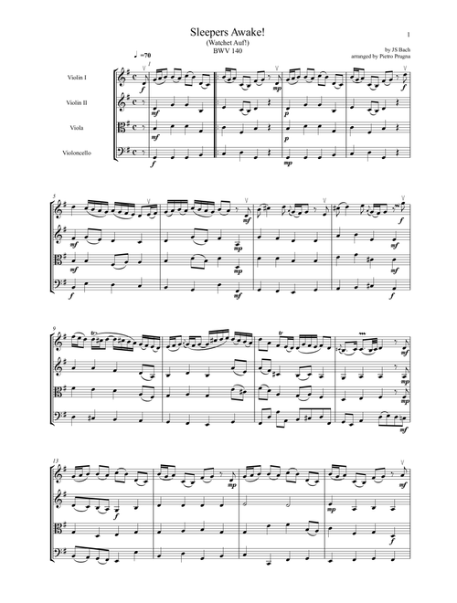 Sleepers Awake! (Wachet Auf!) (BWV 140) by JS Bach - arranged for String Quartet (Arr. Pietro Prugna) (String Quartet)